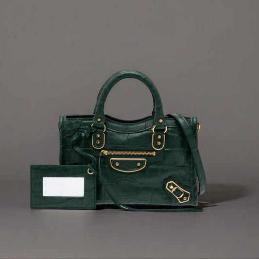 Dark-Green Embossed Small Classic Metallic Edge City Tote Bag