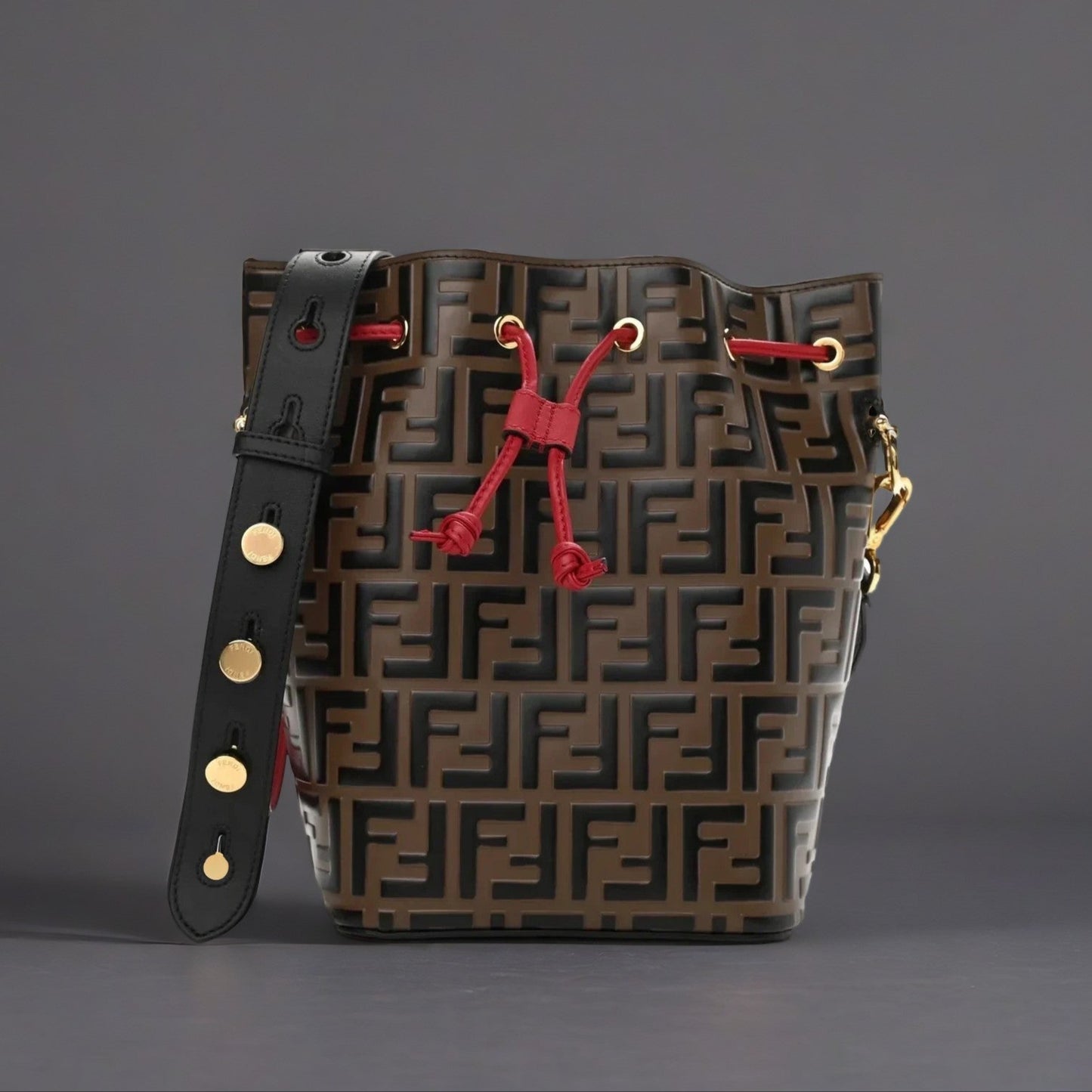 Calfskin F is Fendi FF 1974 Embossed Grande Mon Tresor Bucket Bag Maya Black Fragola