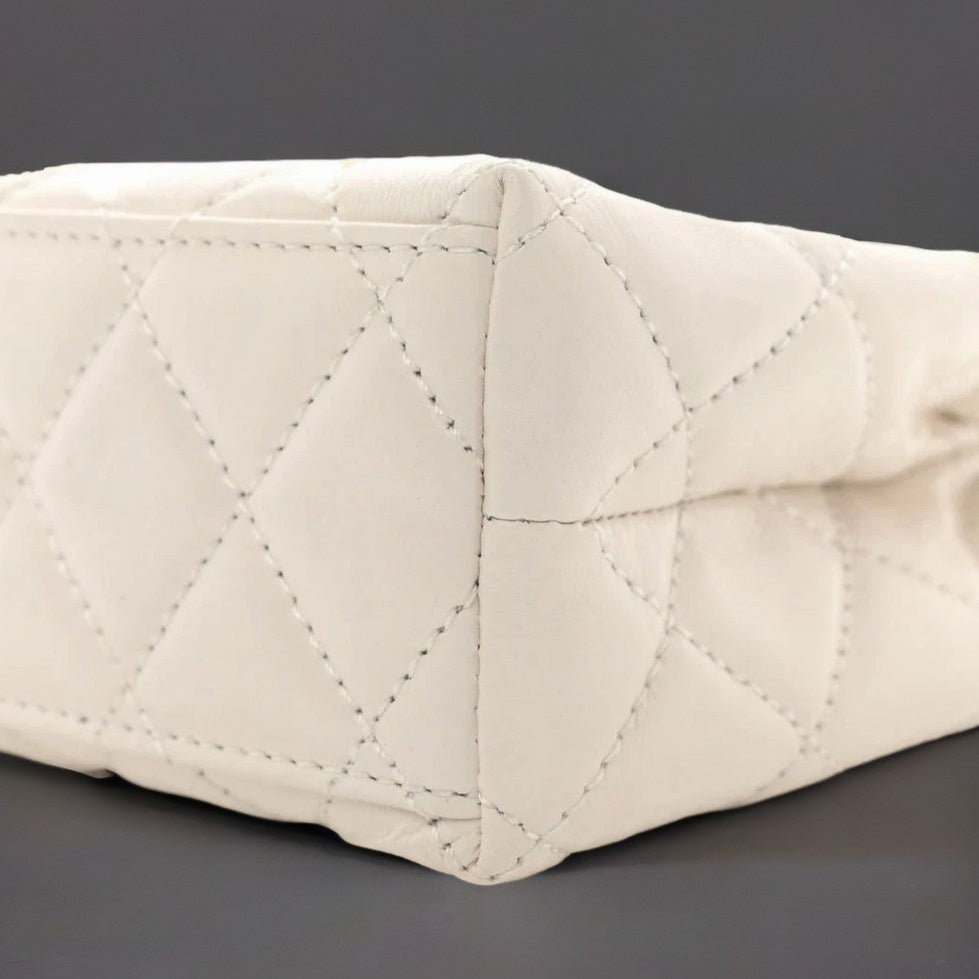 Shiny Aged Calfskin Quilted Nano Kelly Shopper White