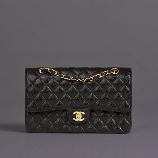 Black Quilted Caviar Leather Medium Classic Double Flap Bag