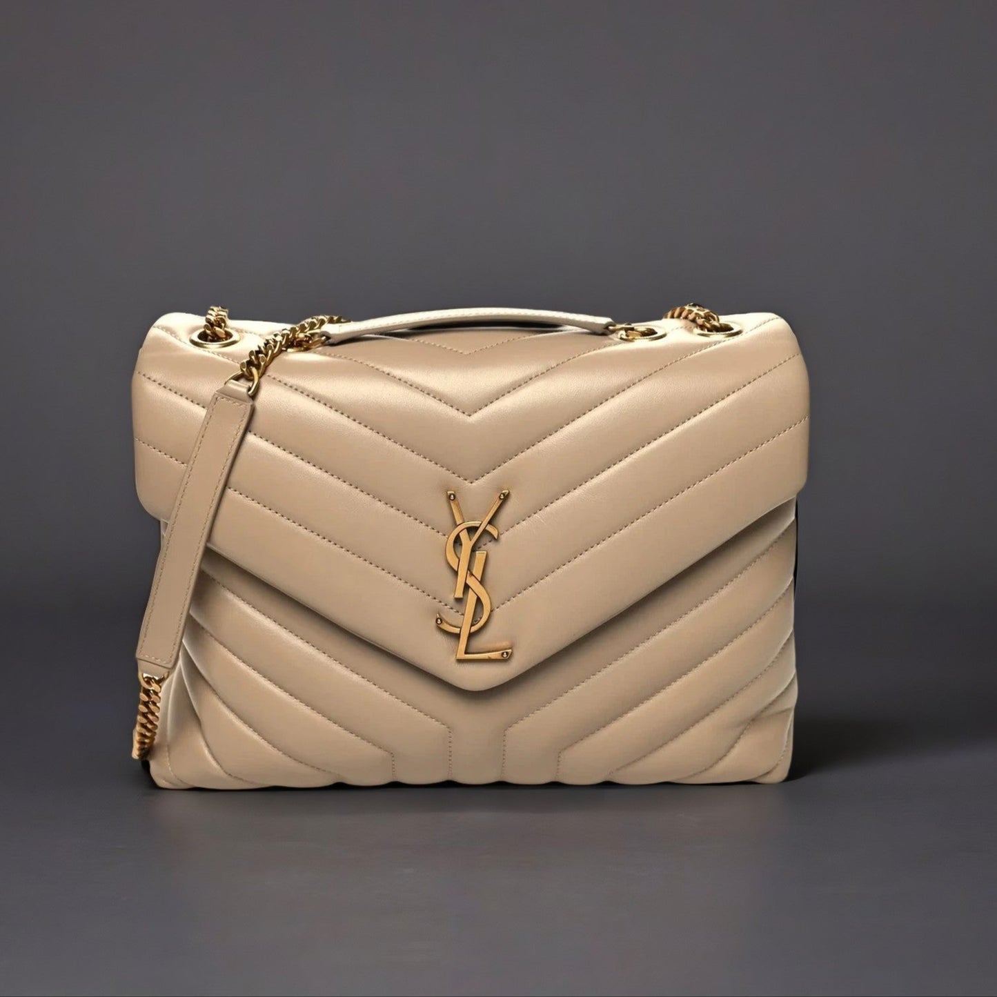 Calfskin Y Quilted Monogram Medium Loulou Chain Satchel Dark Beige