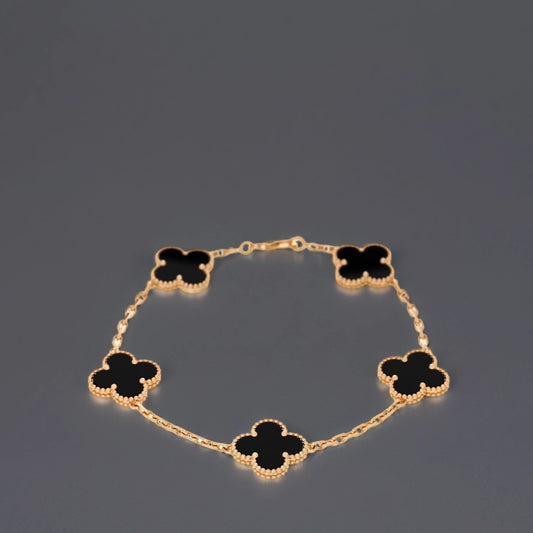 18K Yellow Gold Black Onyx 5 Motifs Vintage Alhambra Bracelet