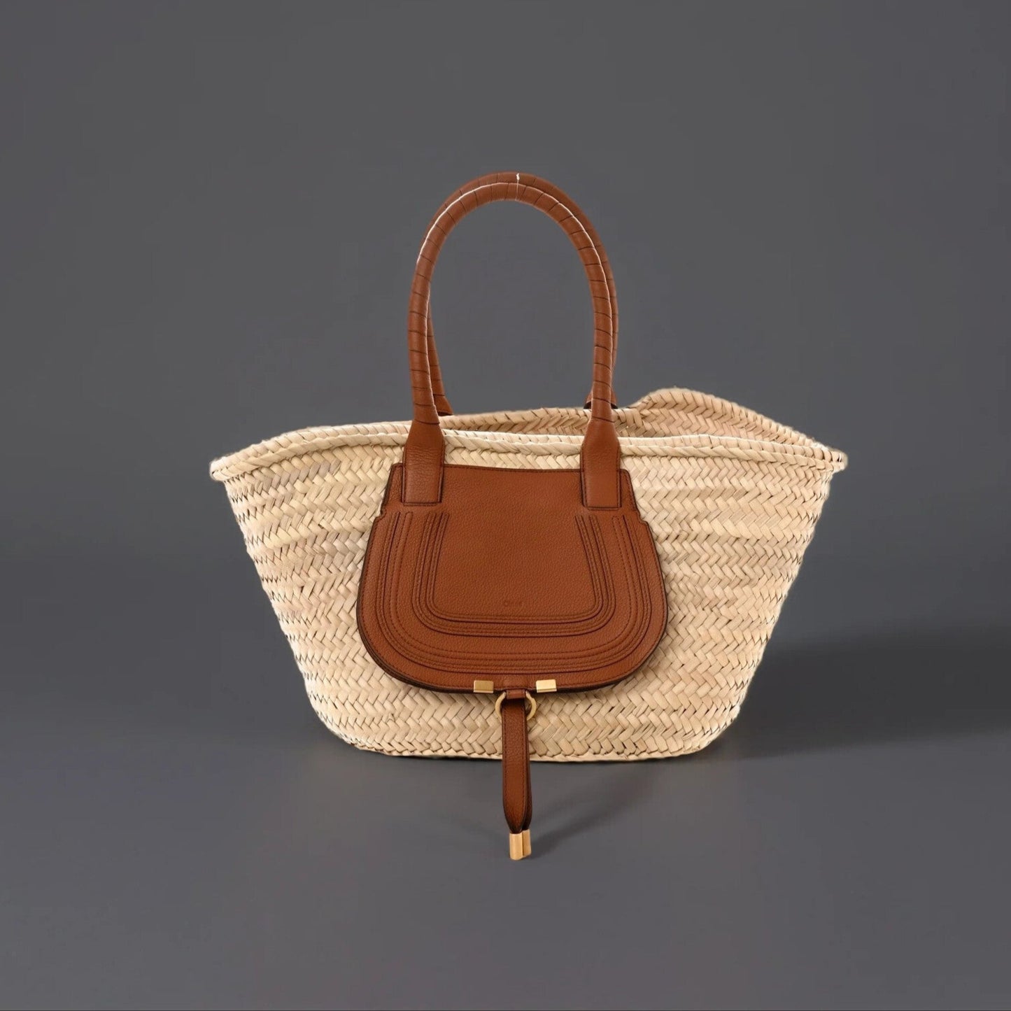 Raffia Small Grain Calfskin Medium Marcie Basket Tan