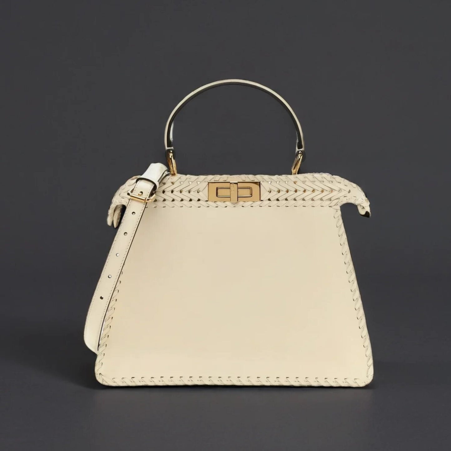 Vitello King Ceylon Shiny Nappa Woven Medium Peekaboo I SEE U Satchel White Ice