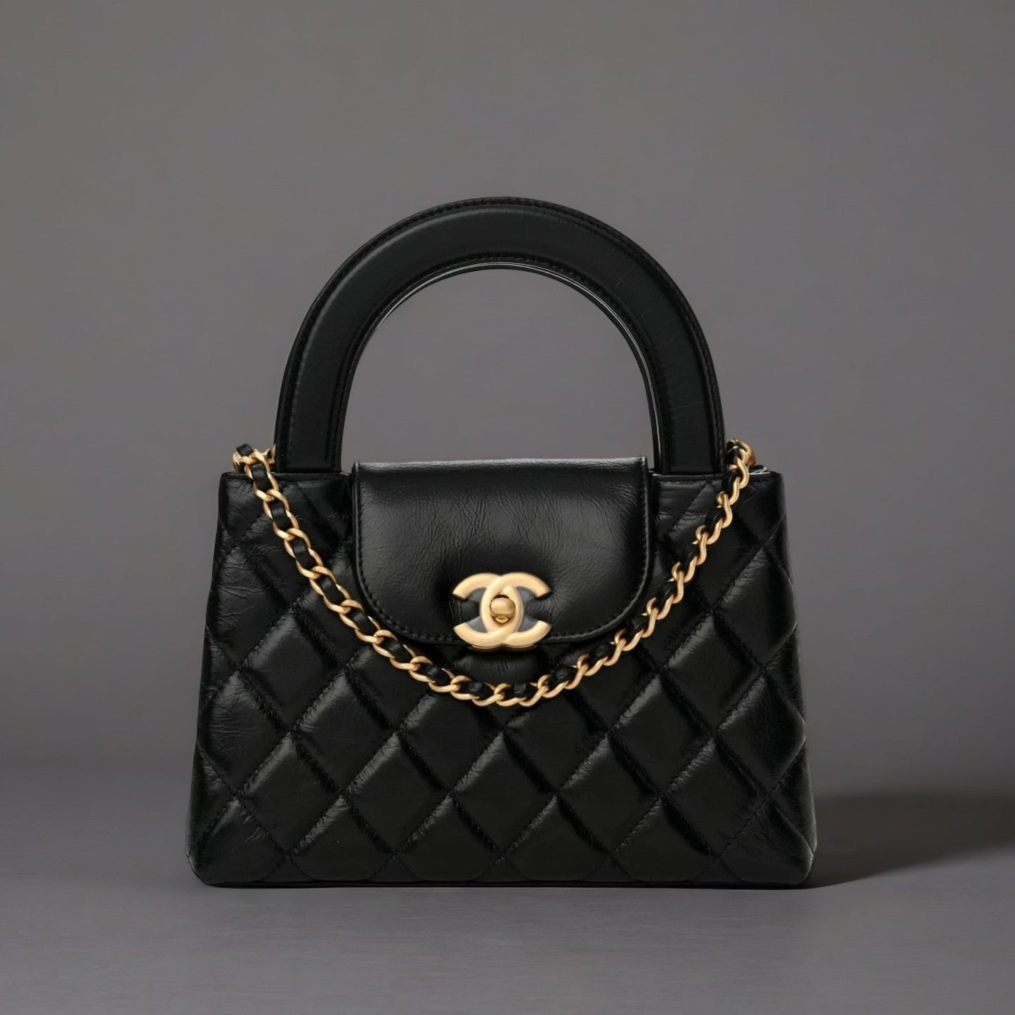 Shiny Aged Calfskin Quilted Nano Kelly Shopper Black