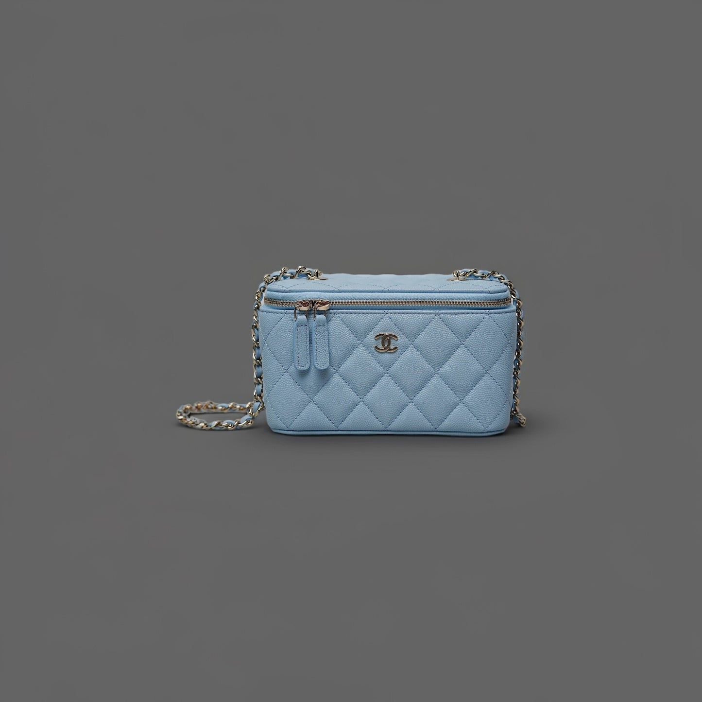 Caviar Quilted Small Vanity Case With Chain Light Blue