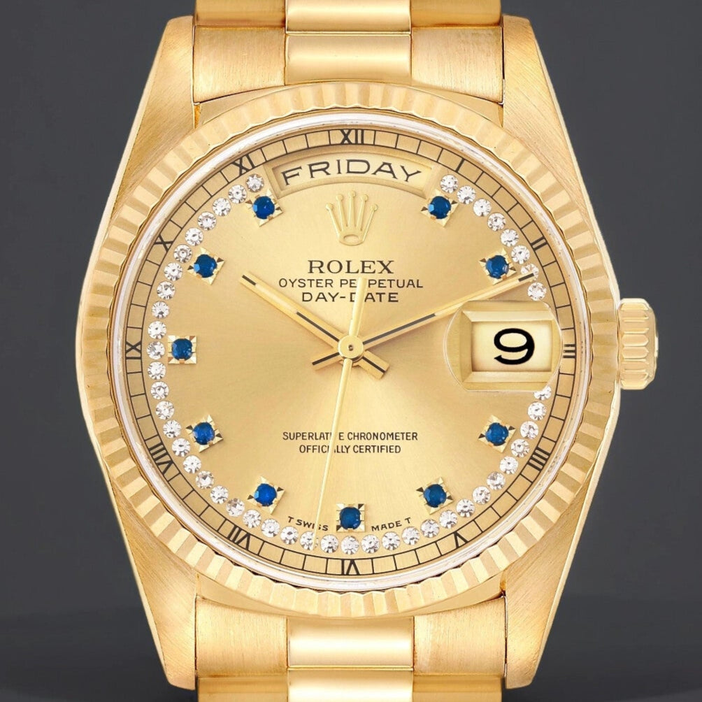 Rolex President 36mm Day-Date Yellow Gold String Diamond Watch