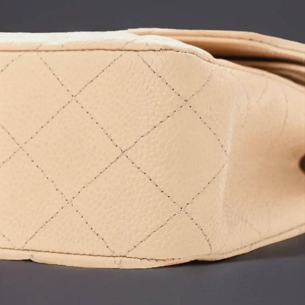 Caviar Quilted Medium Double Flap Beige