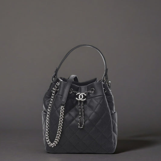 Grained Calfskin Quilted Medium CC Chain Bucket Drawstring Bag Grey