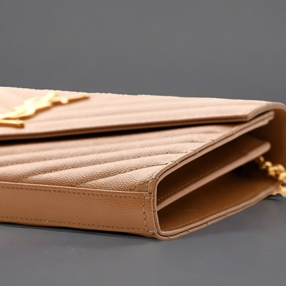 Grain De Poudre Matelasse Chevron Monogram Chain Wallet Dark Natural