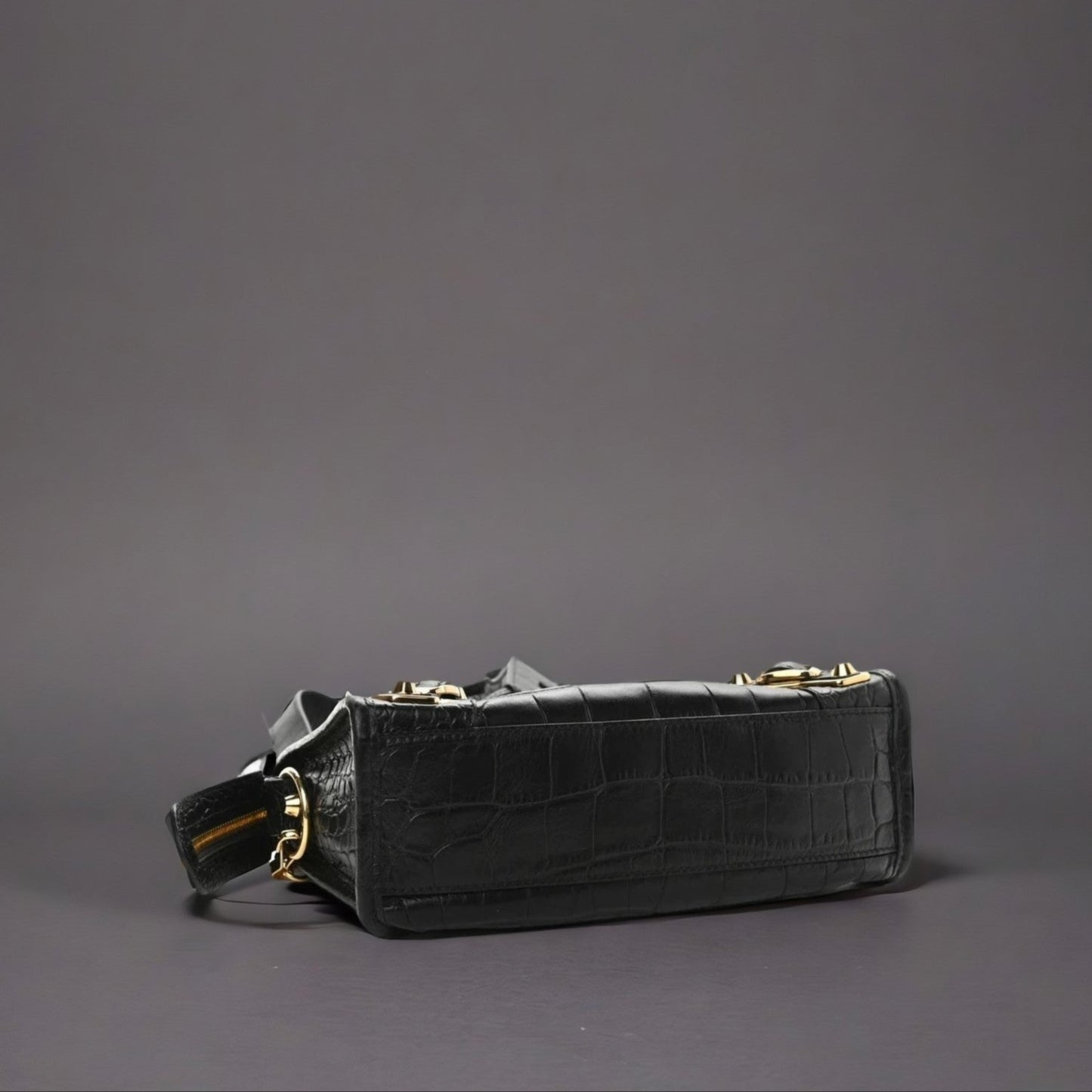 Calfskin Crocodile Embossed Gold Metallic Edge Hardware Mini City Black