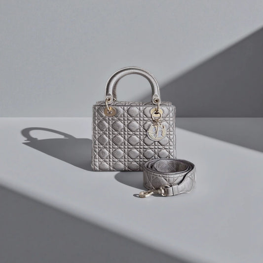 Metallic Grained Calfskin Cannage Medium Supple Lady Dior Silver