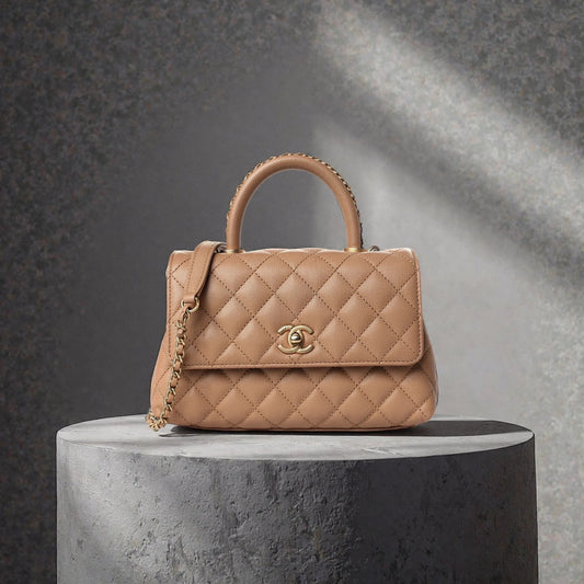 Caviar Quilted Small Coco Chain Handle Flap Dark Beige