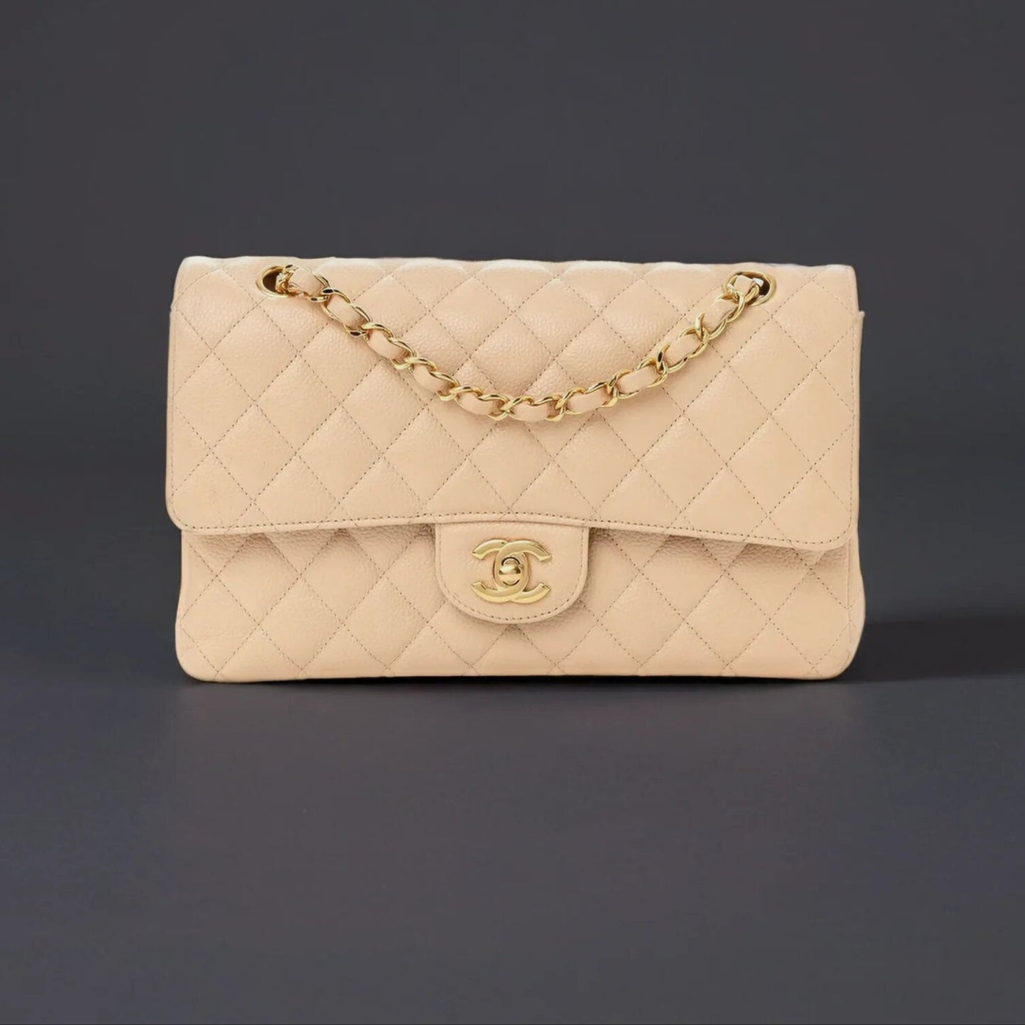 Caviar Quilted Medium Double Flap Beige